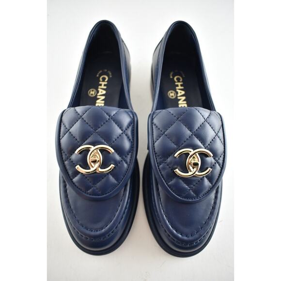 Chanel 21B Blue Quilted Flap Turnlock CC Logo Gold Mule Slip On Flat Loafer 36.5 - Picture 1 of 12